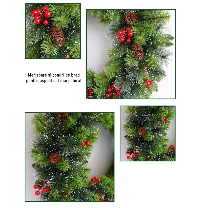 Coronita pentru Craciun Klevo, 60 cm, din brad artificial, decorata cu conuri si merisoare, Verde