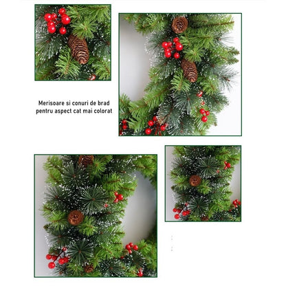 Coronita pentru Craciun Klevo, 60 cm, din brad artificial, decorata cu conuri si merisoare, Verde