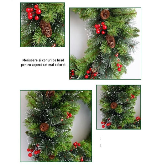 Coronita pentru Craciun Klevo, 60 cm, din brad artificial, decorata cu conuri si merisoare, Verde