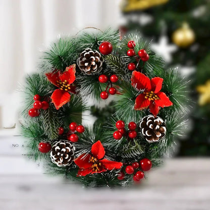 Coronita pentru Craciun Klevo, diametru 32 cm, din brad artificial, decorata cu conuri si merisoare, 3 Funde Rosii. Verde/Alb
