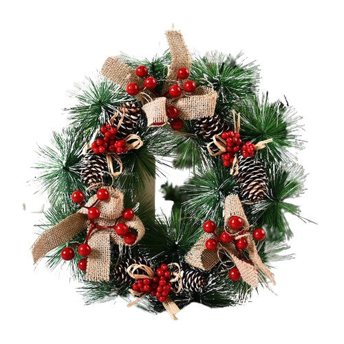 Coronita pentru Craciun Klevo, diametru 32 cm, din brad artificial, decorata cu conuri si merisoare, 3 Funde. Verde/Alb