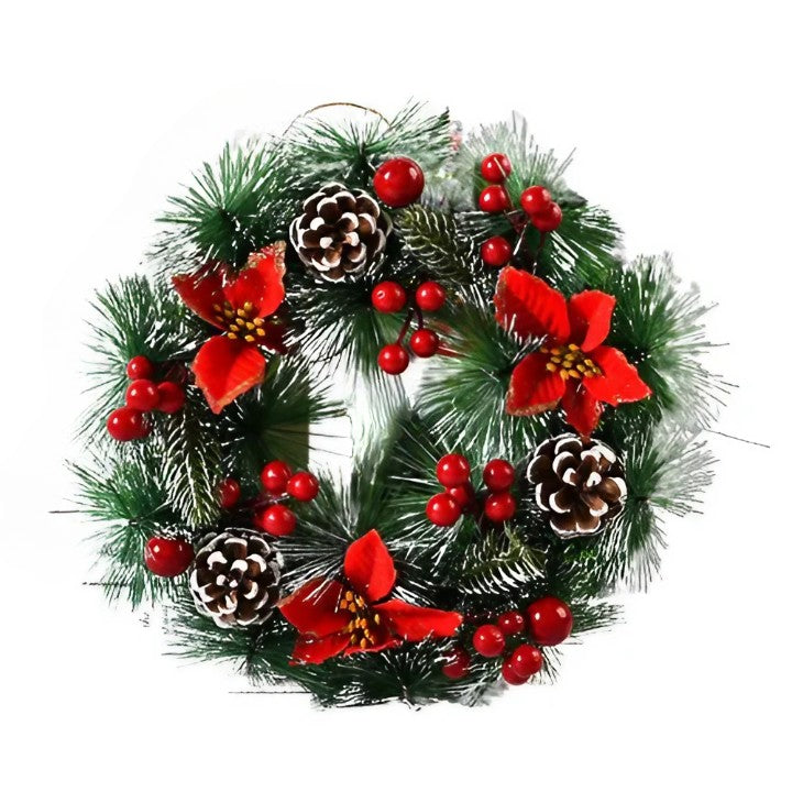 Coronita pentru Craciun Klevo, diametru 32 cm, din brad artificial, decorata cu conuri si merisoare, 3 Funde Rosii. Verde/Alb