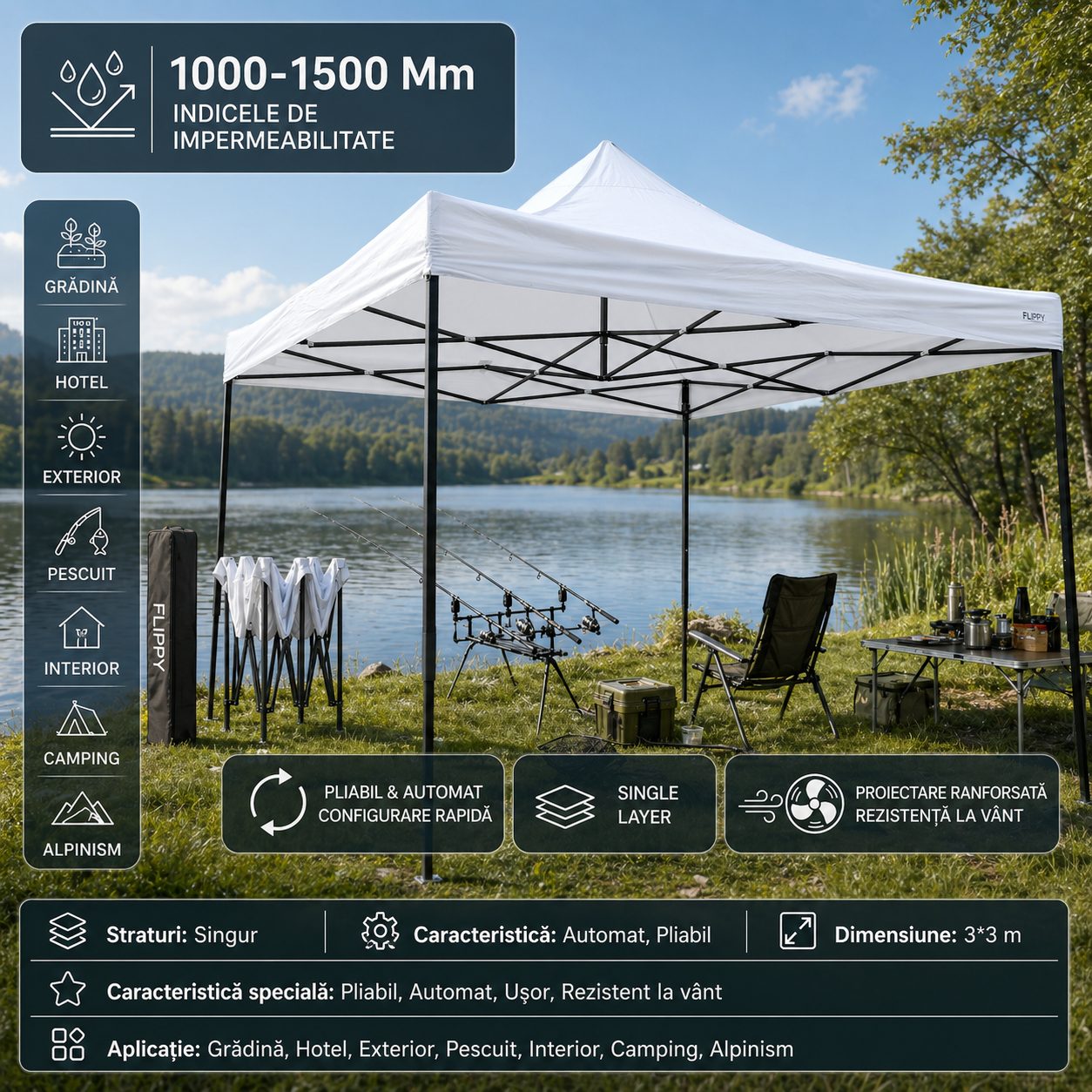 Cort Pavilion Pliabil 3x3m, Klevo, Cadru Metal Pliabil Ranforsat, Acoperis 420D 185 g/m, Polyester Oxford pentru Curte, Gradina, Evenimente, Alb