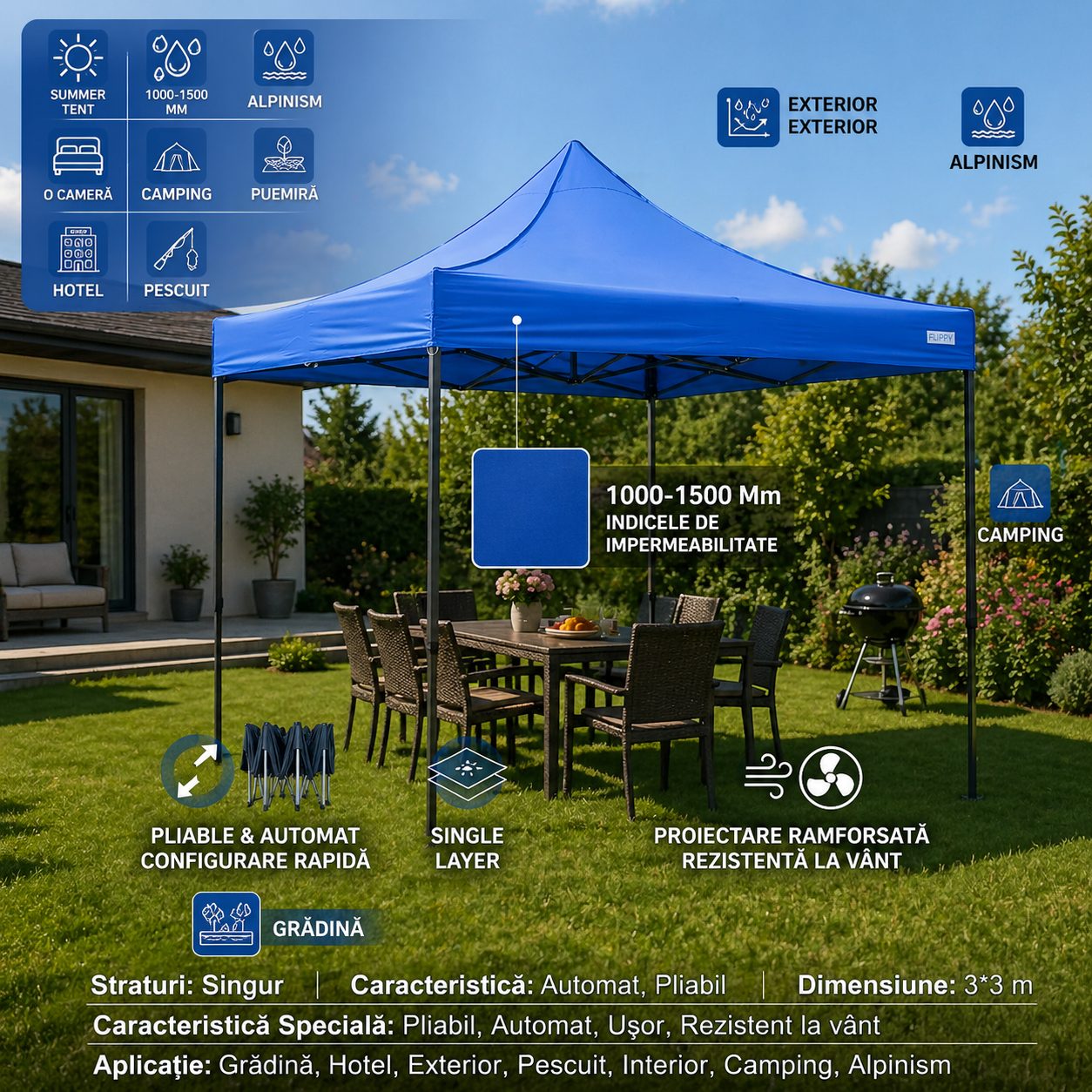 Cort Pavilion Pliabil 3x3m, Klevo, Cadru Metal Pliabil Ranforsat, Acoperis 420D 185 g/m, Polyester Oxford pentru Curte, Gradina, Evenimente, Albastru