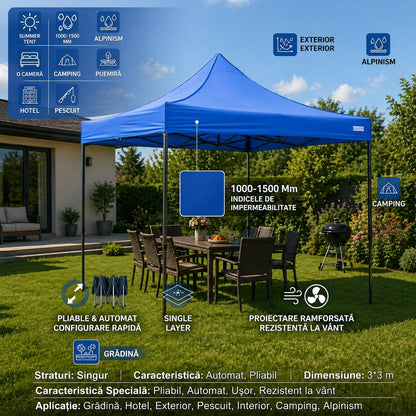 Cort Pavilion Pliabil 3x3m, Klevo, Cadru Metal Pliabil Ranforsat, Acoperis 420D 185 g/m, Polyester Oxford pentru Curte, Gradina, Evenimente, Albastru