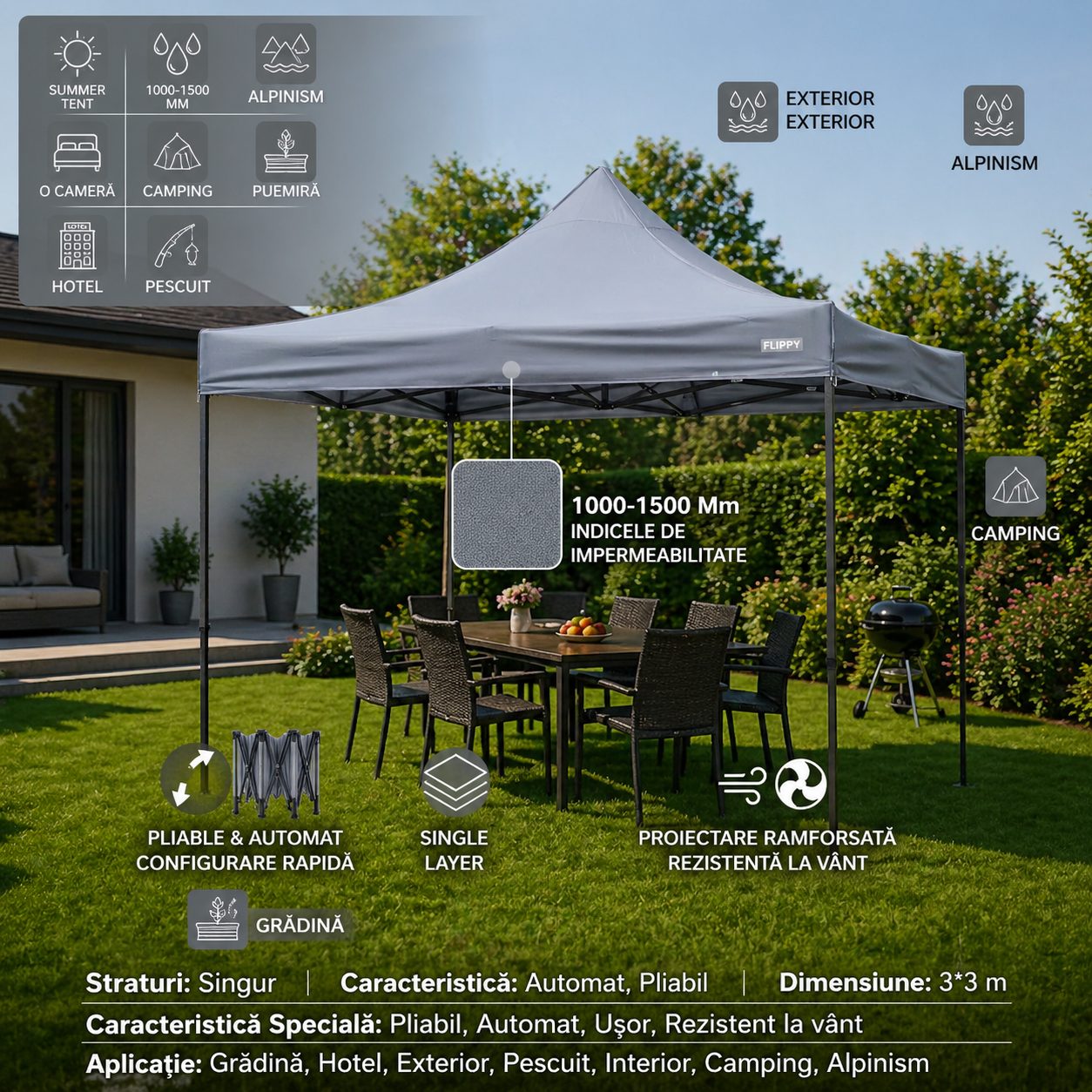 Cort Pavilion Pliabil 3x3m, Klevo, Cadru Metal Pliabil Ranforsat, Acoperis 420D 185 g/m, Polyester Oxford pentru Curte, Gradina, Evenimente, Gri