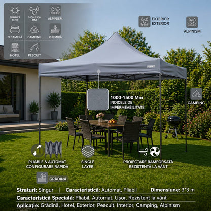 Cort Pavilion Pliabil 3x3m, Klevo, Cadru Metal Pliabil Ranforsat, Acoperis 420D 185 g/m, Polyester Oxford pentru Curte, Gradina, Evenimente, Gri
