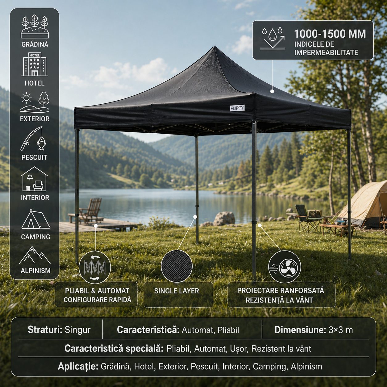 Cort Pavilion Pliabil 3x3m, Klevo, Cadru Metal Pliabil Ranforsat, Acoperis 420D 185 g/m, Polyester Oxford pentru Curte, Gradina, Evenimente, Negru