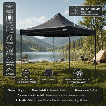 Cort Pavilion Pliabil 3x3m, Klevo, Cadru Metal Pliabil Ranforsat, Acoperis 420D 185 g/m, Polyester Oxford pentru Curte, Gradina, Evenimente, Negru