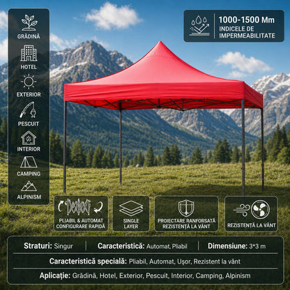 Cort Pavilion Pliabil 3x3m, Klevo, Cadru Metal Pliabil Ranforsat, Acoperis 420D 185 g/m, Polyester Oxford pentru Curte, Gradina, Evenimente, Rosu