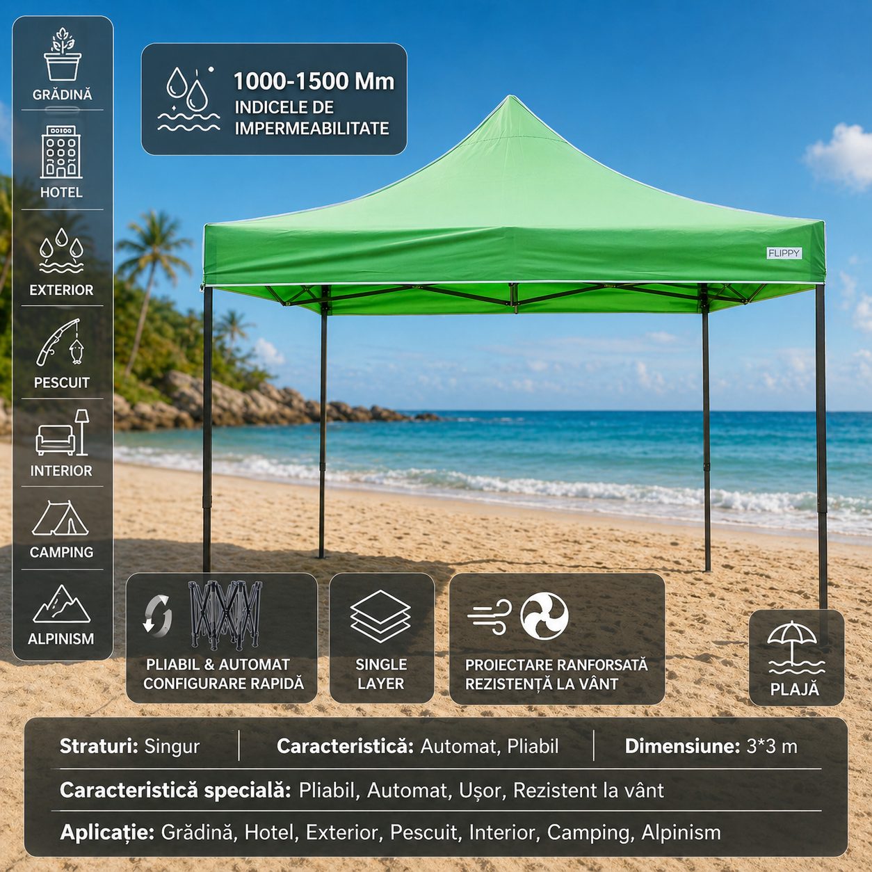 Cort Pavilion Pliabil 3x3m, Klevo, Cadru Metal Pliabil Ranforsat, Acoperis 420D 185 g/m, Polyester Oxford pentru Curte, Gradina, Evenimente,  Verde deschis