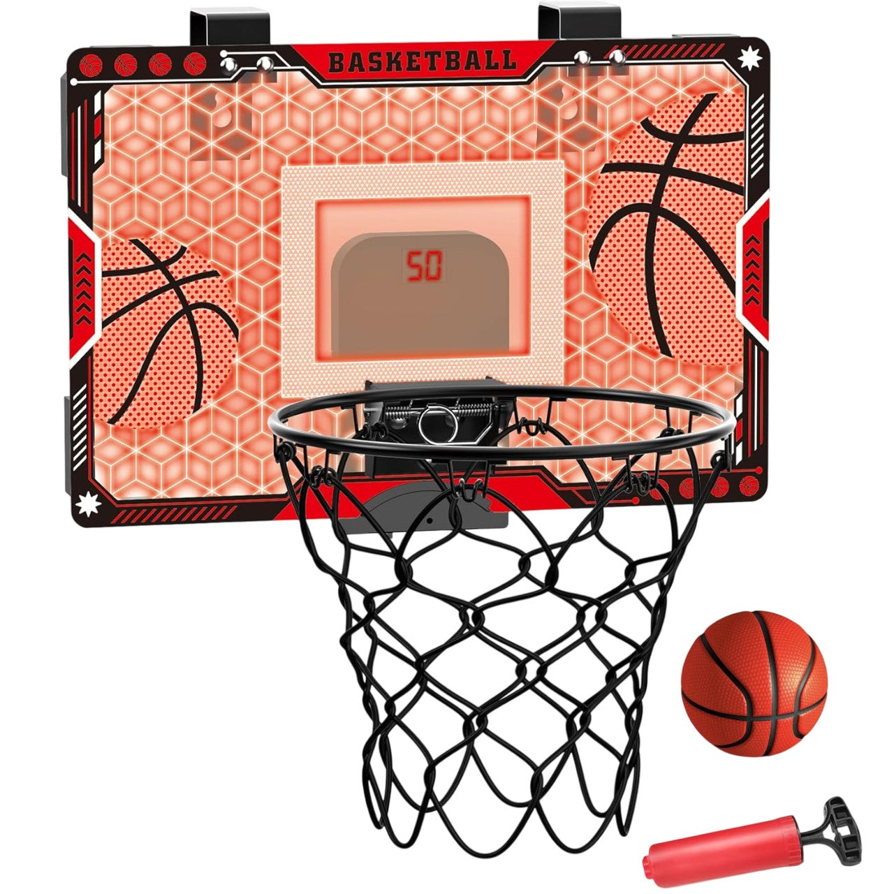 Cos de Baschet pentru Copii, Klevo, cu Tablou de Bord Electronic, Minge, Pompa, 2 Moduri, Interior/Exterior, Inel Metalic si Rabatabil cu Arc, Luminos, 41x27.5x5 cm, Multicolor