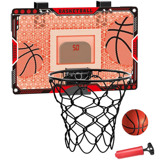 Cos de Baschet pentru Copii, Klevo, cu Tablou de Bord Electronic, Minge, Pompa, 2 Moduri, Interior/Exterior, Inel Metalic si Rabatabil cu Arc, Luminos, 41x27.5x5 cm, Multicolor