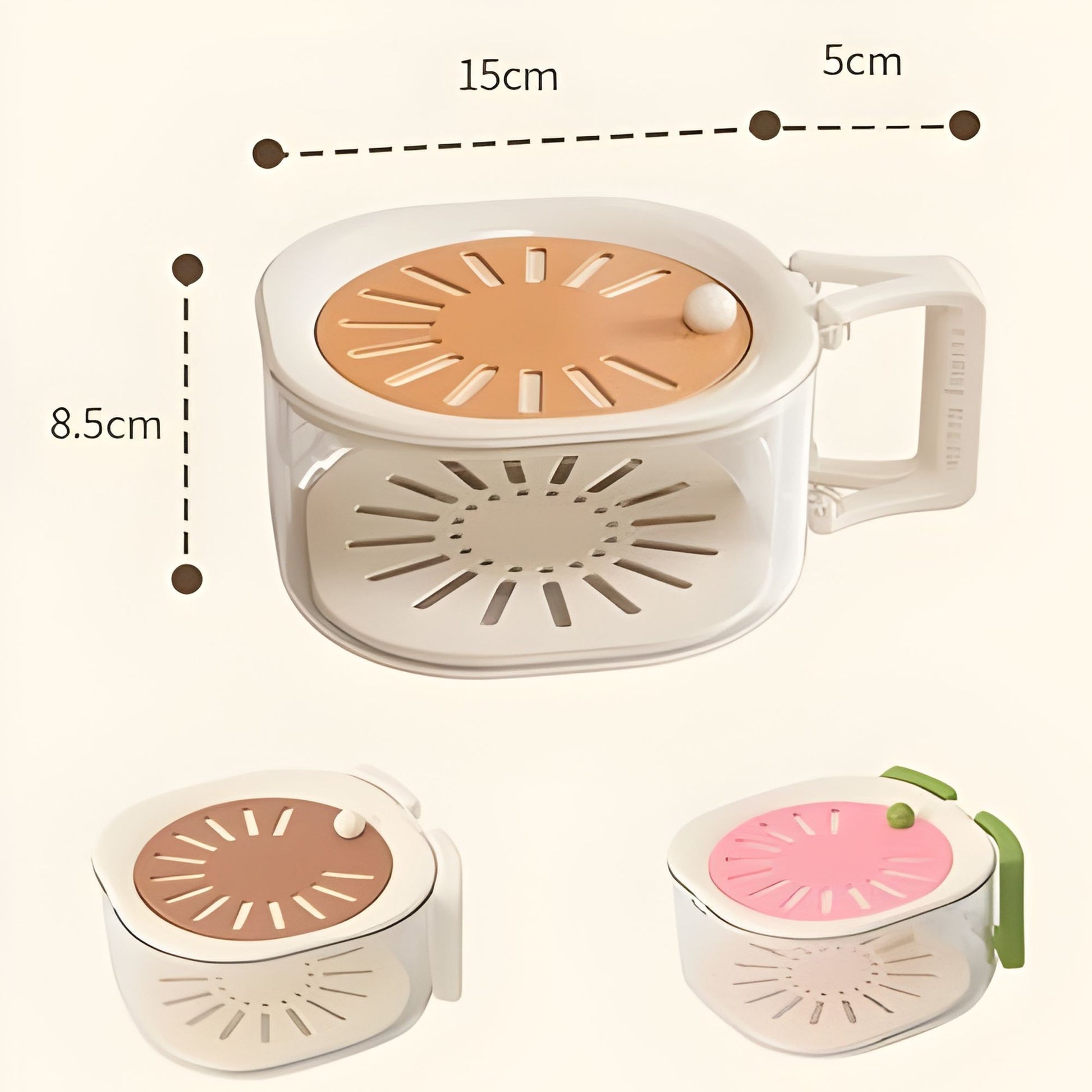 Cos de Scurgere pentru Fructe 2 in 1, Klevo, din Plastic Durabil, Filtru Telescopic, Scurgator de Fructe si Legume, pentru Uz Casnic, 15 x 15 x 8.5 cm, Maro/Bej