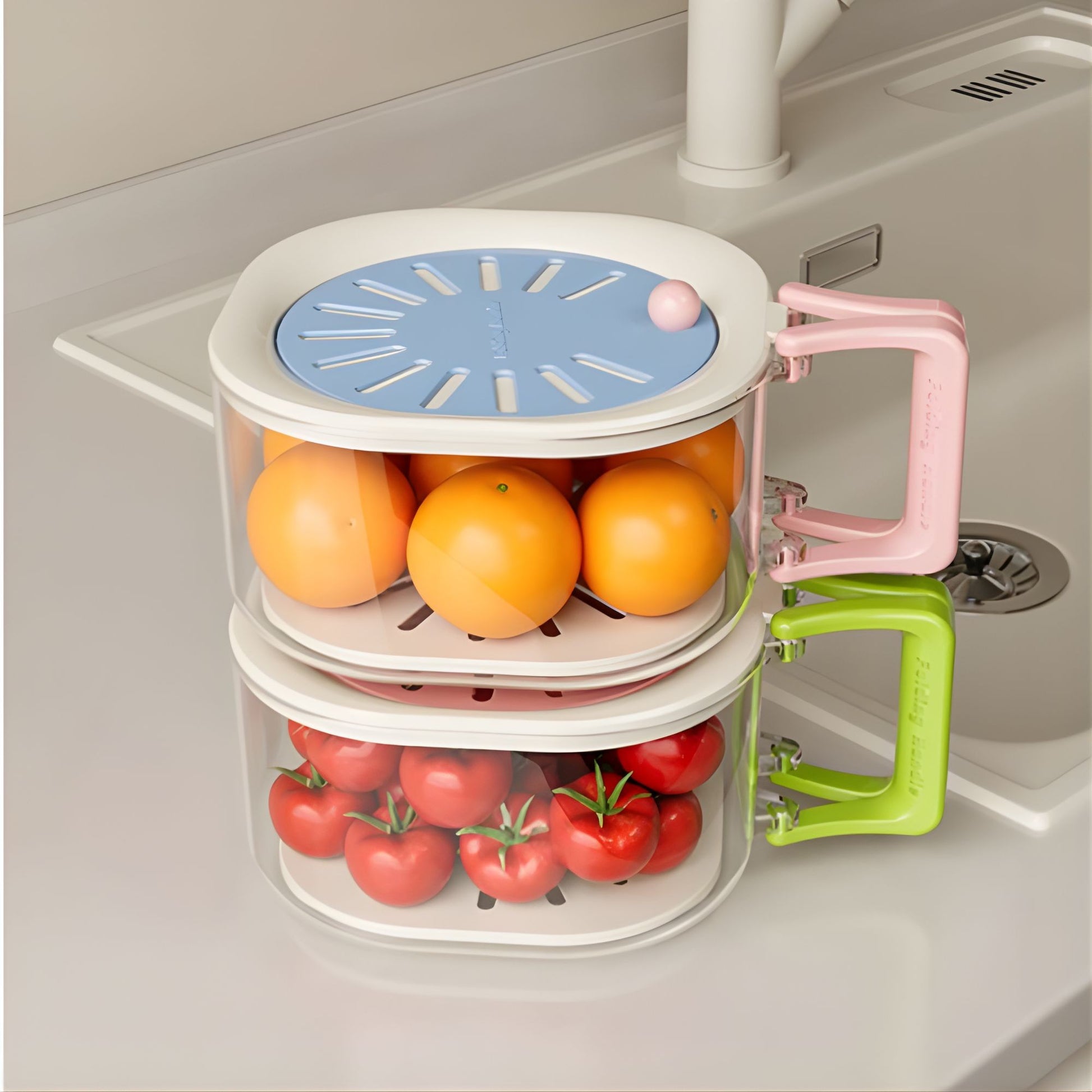 Cos de Scurgere pentru Fructe 2 in 1, Klevo, din Plastic Durabil, Filtru Telescopic, Scurgator de Fructe si Legume, pentru Uz Casnic, 15 x 15 x 8.5 cm, Albastru/Bej