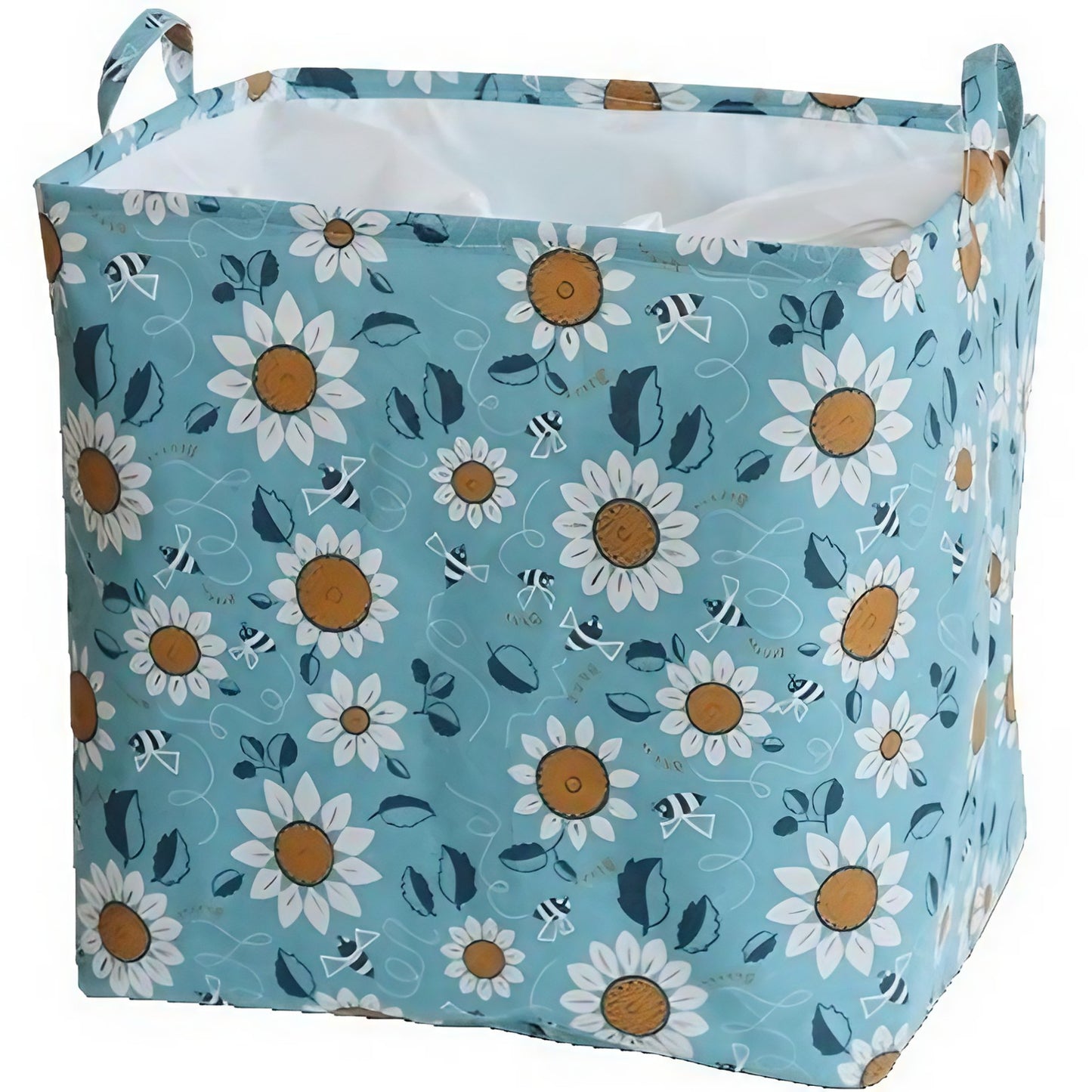 Cos depozitare, Klevo, Capac cu Snur, 175 L, Confectionat din Bumbac si un Strat Impermeabil, 50 x 50 x 70 cm, Albastru Deschis, Imprimeu Flori