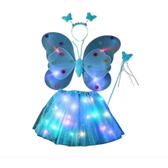 Costum Fluturas cu Aripi Modelabile Luminoase pentru Copii, Klevo, Fusta din Tul cu Lumini, Bagheta si Bentita, 4 piese, Pentru Halloween, Roleplay, Craciun, Carnaval, Paste, Ziua Copilului, Bumbac/Poliester, Marime universala, Albastru