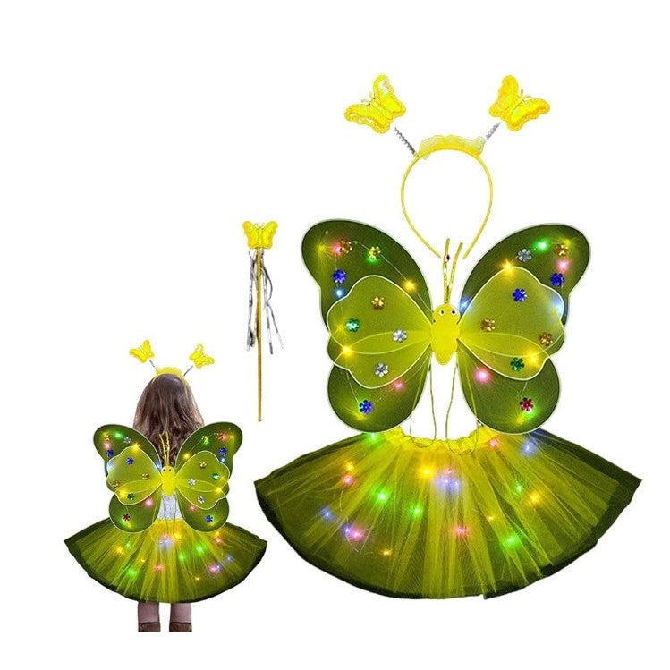 Costum Fluturas cu Aripi Modelabile Luminoase pentru Copii, Klevo, Fusta din Tul cu Lumini, Bagheta si Bentita, 4 piese, Pentru Halloween, Roleplay, Craciun, Carnaval, Paste, Ziua Copilului, Bumbac/Poliester, Marime universala, Galben