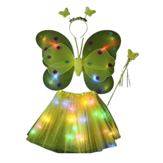Costum Fluturas cu Aripi Modelabile Luminoase pentru Copii, Klevo, Fusta din Tul cu Lumini, Bagheta si Bentita, 4 piese, Pentru Halloween, Roleplay, Craciun, Carnaval, Paste, Ziua Copilului, Bumbac/Poliester, Marime universala, Galben