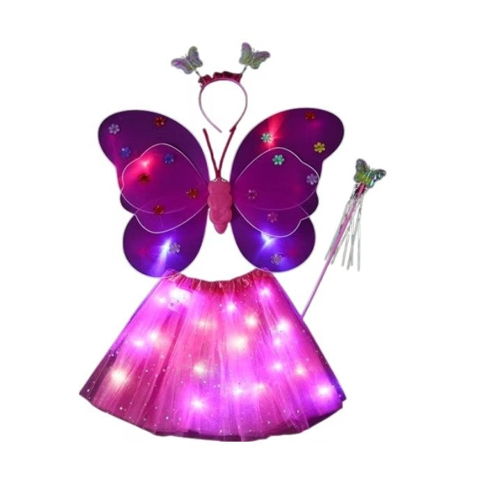 Costum Fluturas cu Aripi Modelabile Luminoase pentru Copii, Klevo, Fusta din Tul cu Lumini, Bagheta si Bentita, 4 piese, Pentru Halloween, Roleplay, Craciun, Carnaval, Paste, Ziua Copilului, Bumbac/Poliester, Marime universala, Roz-Rosu