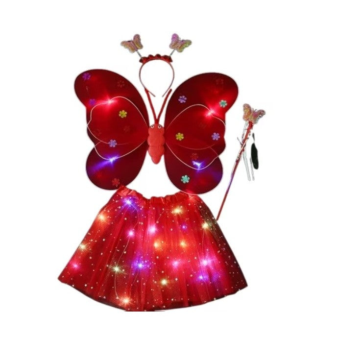 Costum Fluturas cu Aripi Modelabile Luminoase pentru Copii, Klevo, Fusta din Tul cu Lumini, Bagheta si Bentita, 4 piese, Pentru Halloween, Roleplay, Craciun, Carnaval, Paste, Ziua Copilului, Bumbac/Poliester, Marime universala, Rosu