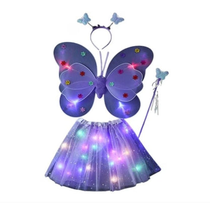 Costum Fluturas cu Aripi Modelabile Luminoase pentru Copii, Klevo, Fusta din Tul cu Lumini, Bagheta si Bentita, 4 piese, Pentru Halloween, Roleplay, Craciun, Carnaval, Paste, Ziua Copilului, Bumbac/Poliester, Marime universala, Mov