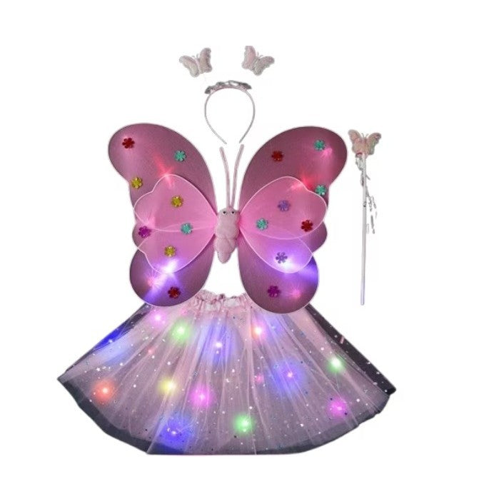 Costum Fluturas cu Aripi Modelabile Luminoase pentru Copii, Klevo, Fusta din Tul cu Lumini, Bagheta si Bentita, 4 piese, Pentru Halloween, Roleplay, Craciun, Carnaval, Paste, Ziua Copilului, Bumbac/Poliester, Marime universala, Roz