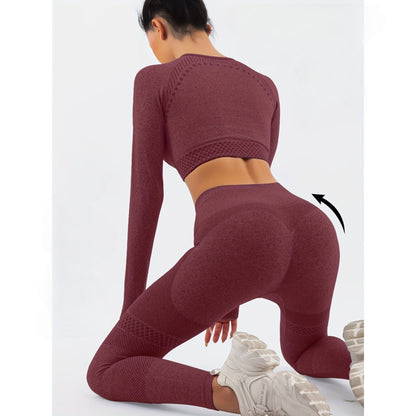Costum Sport de Dama, Klevo, pentru Yoga, Talie Inalta, Top Scurt, Elastic, Burgundy, Marime L