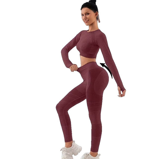 Costum Sport de Dama, Klevo, pentru Yoga, Talie Inalta, Top Scurt, Elastic, Burgundy, Marime L
