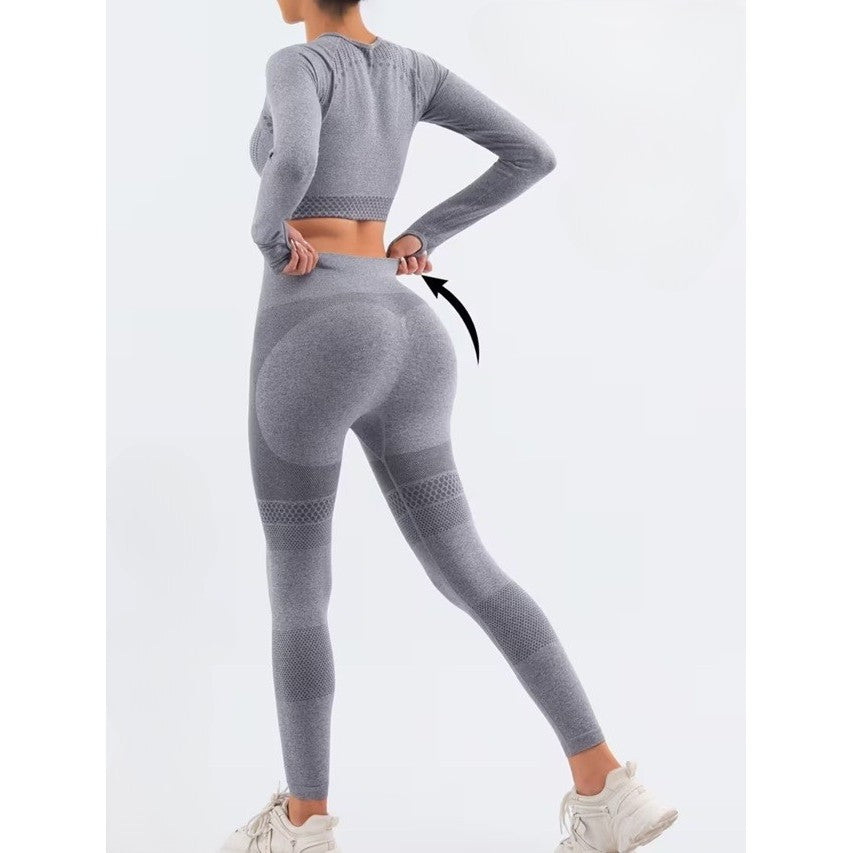 Costum Sport de Dama, Klevo, pentru Yoga, Talie Inalta, Top Scurt, Elastic, Gri, Marime L