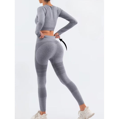 Costum Sport de Dama, Klevo, pentru Yoga, Talie Inalta, Top Scurt, Elastic, Gri, Marime L