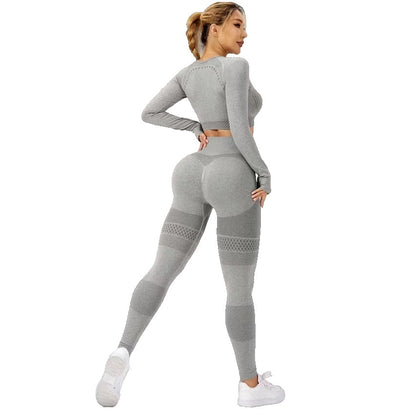 Costum Sport de Dama, Klevo, pentru Yoga, Talie Inalta, Top Scurt, Elastic, Gri, Marime L