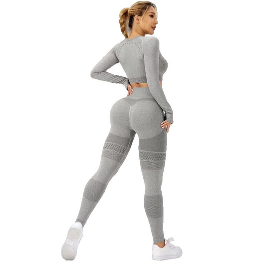 Costum Sport de Dama, Klevo, pentru Yoga, Talie Inalta, Top Scurt, Elastic, Gri, Marime L