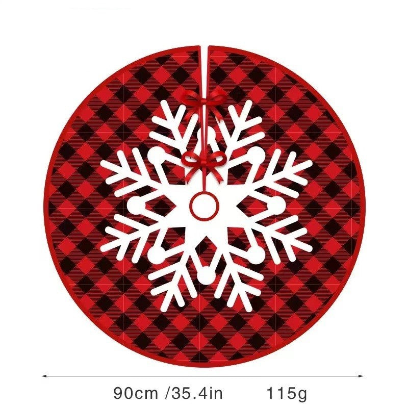 Covoras pentru Bradul de Craciun, Klevo, din Tesatura Pufoasa, cu Fundite de Prindere, Model Fulg de Nea, Carouri Rosu/Negru, Diametru 90 cm