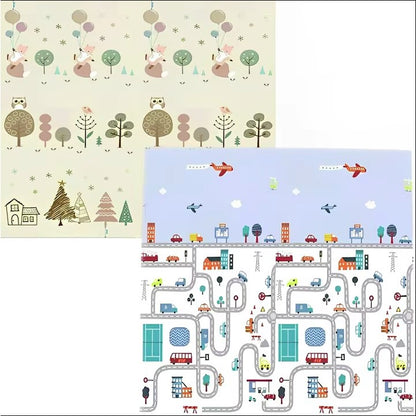 Covoras de Joaca pentru Copii Termic cu 2 Fete, Klevo, Model Vulpi si Pista de Masini, cu Spuma, Impermeabil, Antiderapant, 200cm x 180cm x 0.8cm