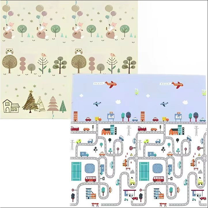 Covoras de Joaca pentru Copii Termic cu 2 Fete, Klevo, Model Vulpi si Pista de Masini, cu Spuma, Impermeabil, Antiderapant, 200cm x 160cm x 0.6cm