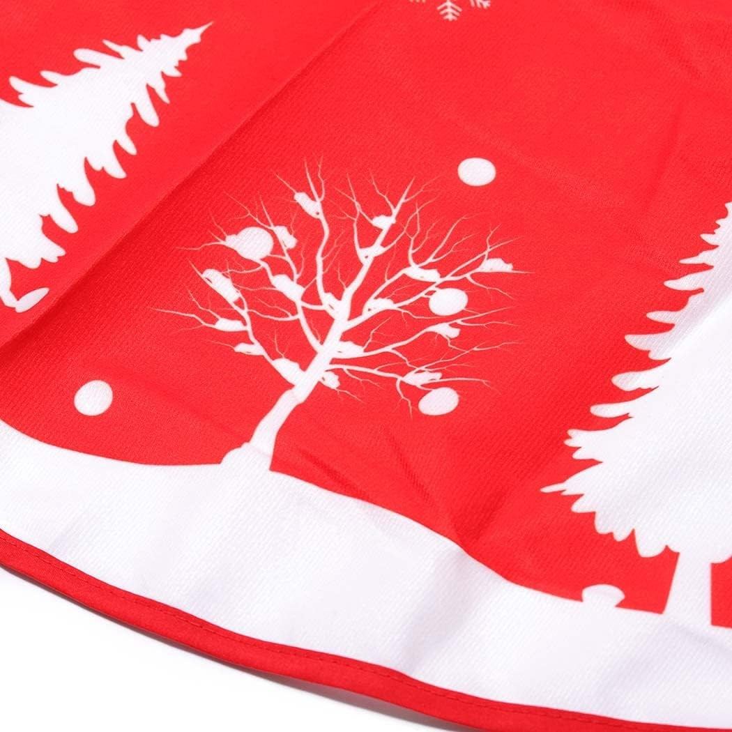 Covoras pentru Bradul de Craciun, Klevo, din Tesatura Pufoasa, cu Fundite de Prindere, Model Brazi, Rosu/Alb, Diametru 90 cm