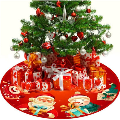 Covoras pentru Bradul de Craciun, Klevo, din Tesatura Pufoasa, cu Fundite de Prindere, Model Mos Craciun si Ajutoarele, Rosu, Diametru 90 cm