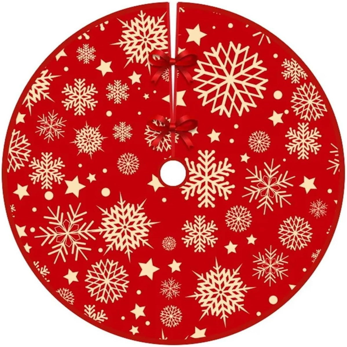 Covoras pentru Bradul de Craciun, Klevo, din Tesatura Pufoasa, cu Fundite de Prindere, Model Stelute, Rosu, Diametru 90 cm