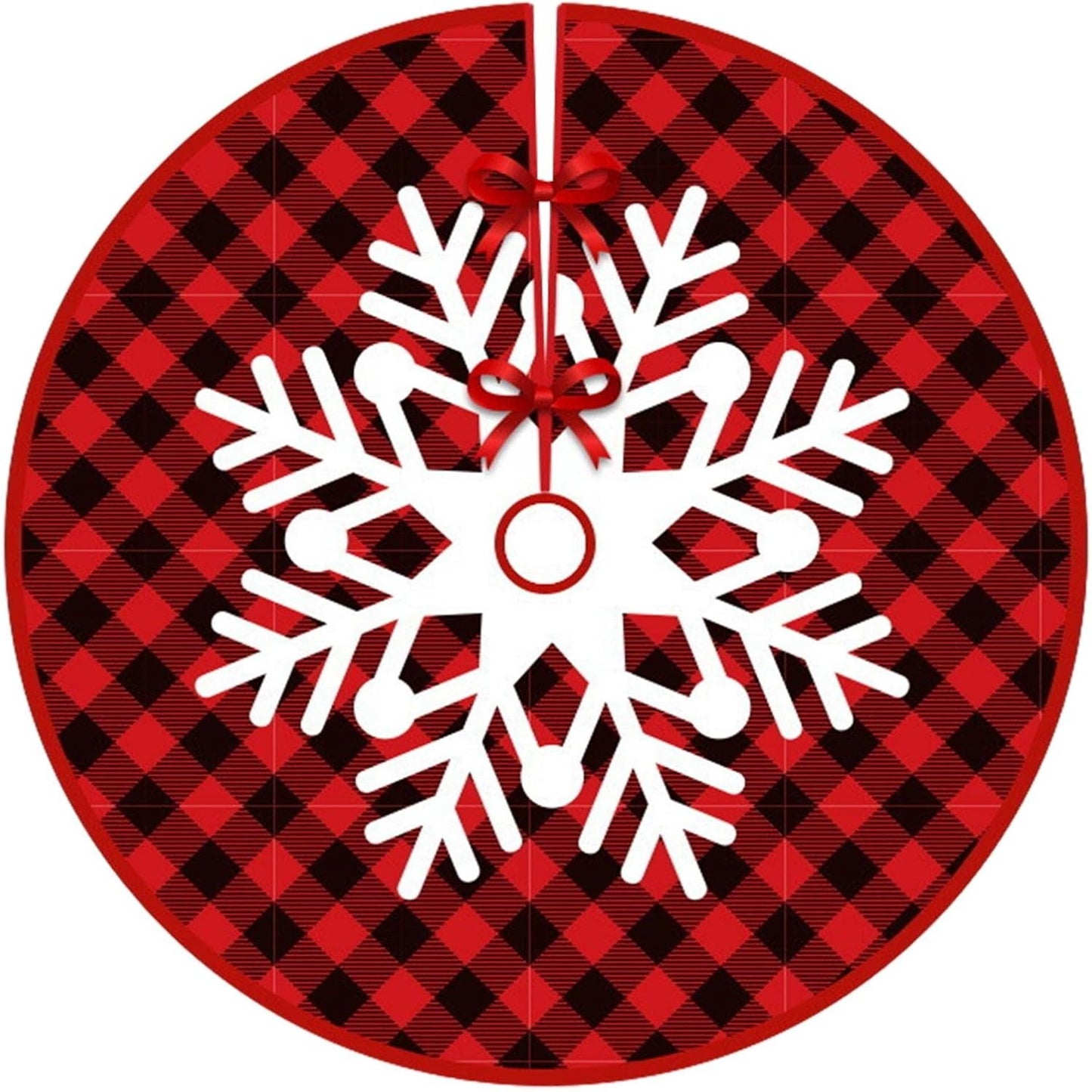 Covoras pentru Bradul de Craciun, Klevo, din Tesatura Pufoasa, cu Fundite de Prindere, Model Fulg de Nea, Carouri Rosu/Negru, Diametru 90 cm