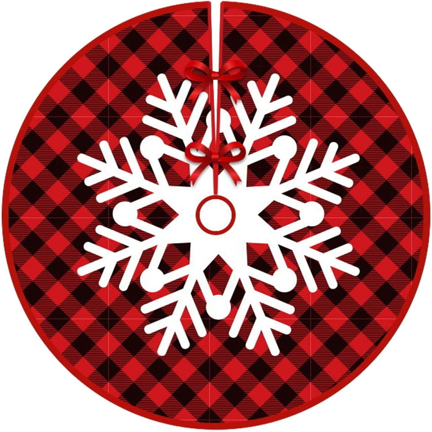 Covoras pentru Bradul de Craciun, Klevo, din Tesatura Pufoasa, cu Fundite de Prindere, Model Fulg de Nea, Carouri Rosu/Negru, Diametru 90 cm