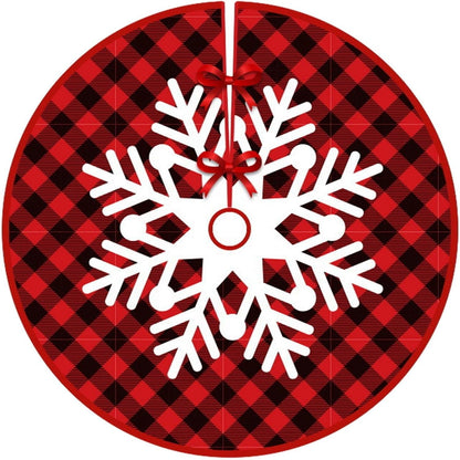 Covoras pentru Bradul de Craciun, Klevo, din Tesatura Pufoasa, cu Fundite de Prindere, Model Fulg de Nea, Carouri Rosu/Negru, Diametru 90 cm