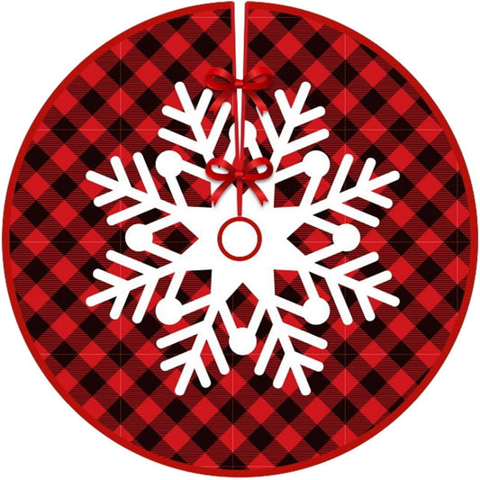 Covoras pentru Bradul de Craciun, Klevo, din Tesatura Pufoasa, cu Fundite de Prindere, Model Fulg de Nea, Carouri Rosu/Negru, Diametru 90 cm