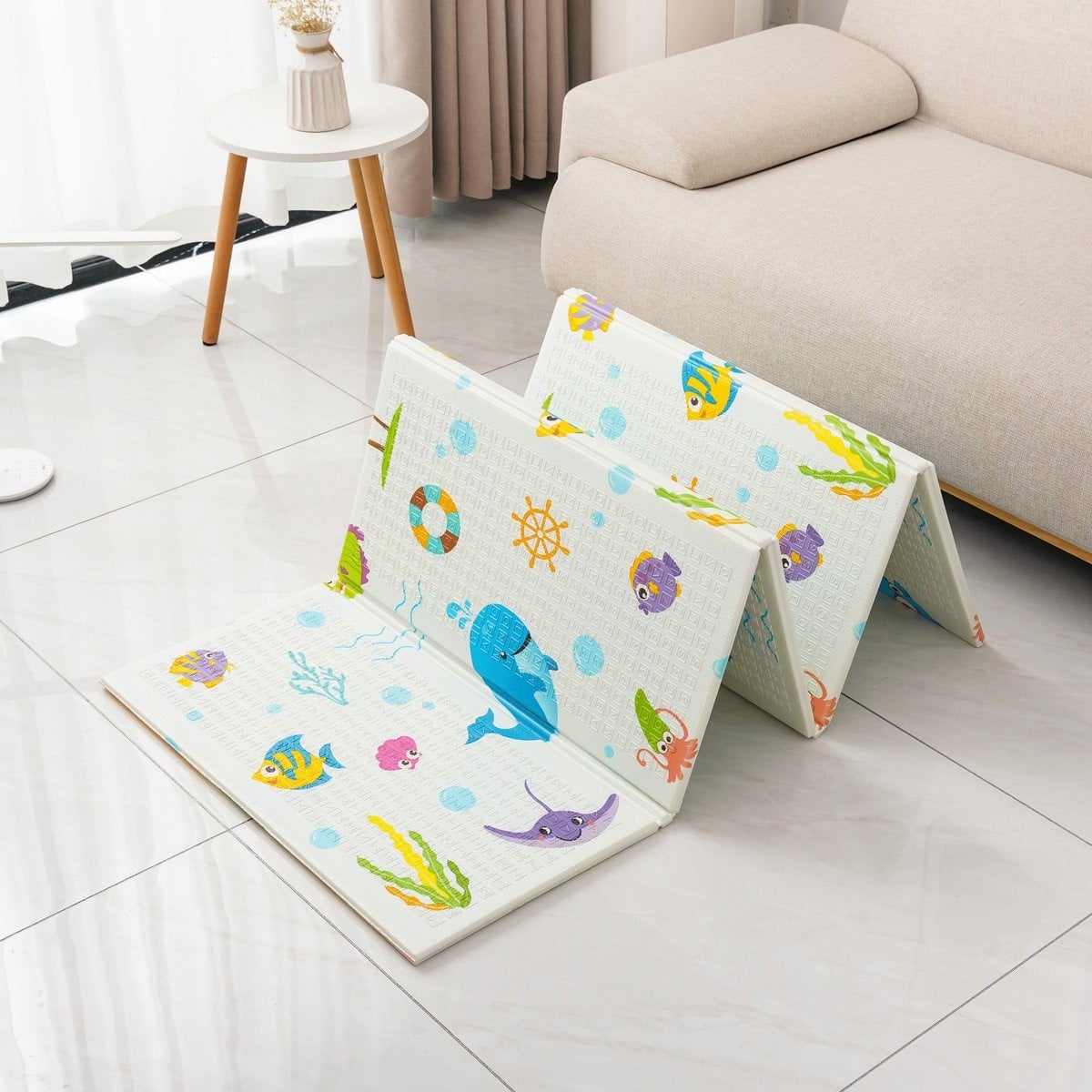 Covoras pentru Copii, Klevo, cu 2 Fete, Model Animale Marine/Exotice, din XPE+PE, Impermeabil, Antiderapant, Protectie Termica, +3 Luni, Pliabil, 150 x 200 x 1.5 cm, Multicolor
