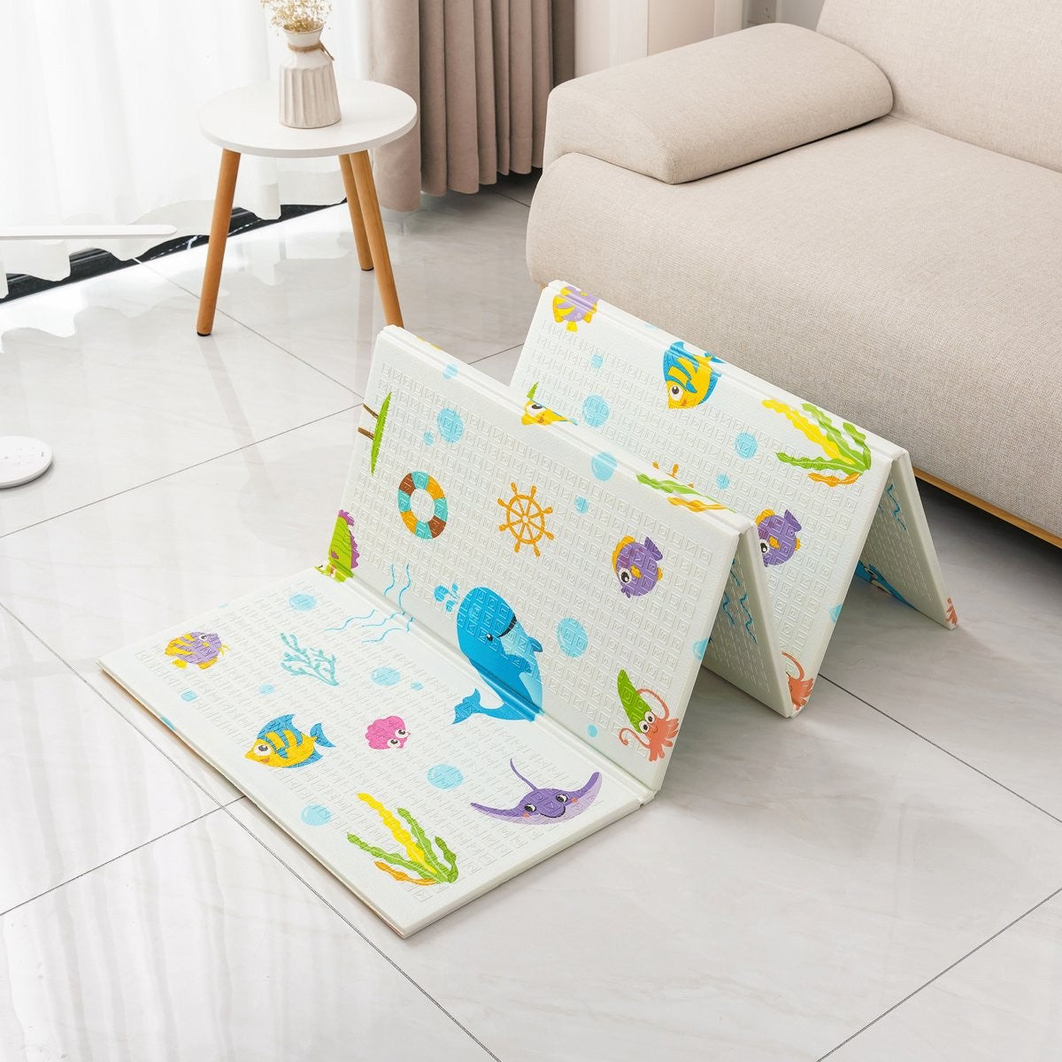 Covoras pentru Copii, Klevo, cu 2 Fete, Model Animale Marine/Exotice, din XPE+PE, Impermeabil, Antiderapant, Protectie Termica, +3 Luni, Pliabil, 180 x 200 x 1.5 cm, Multicolor