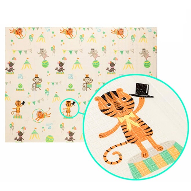 Covoras pentru Copii, Klevo, cu 2 Fete, Model Caprioare/Circ, din XPE+PE, Impermeabil, Antiderapant, Protectie Termica, +3 Luni, Pliabil, 150 x 200 x 1 cm, Multicolor