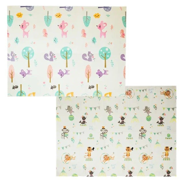Covoras pentru Copii, Klevo, cu 2 Fete, Model Caprioare/Circ, din XPE+PE, Impermeabil, Antiderapant, Protectie Termica, +3 Luni, Pliabil, 150 x 200 x 1 cm, Multicolor