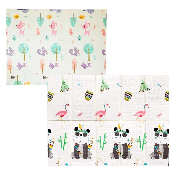 Covoras pentru Copii, Klevo, cu 2 Fete, Model Caprioare/Panda, din XPE+PE, Impermeabil, Antiderapant, Protectie Termica, +3 Luni, Pliabil, 150 x 200 x 1 cm, Multicolor