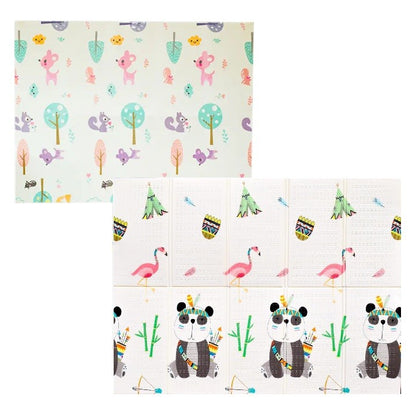 Covoras pentru Copii, Klevo, cu 2 Fete, Model Caprioare/Panda, din XPE+PE, Impermeabil, Antiderapant, Protectie Termica, +3 Luni, Pliabil, 150 x 200 x 1 cm, Multicolor