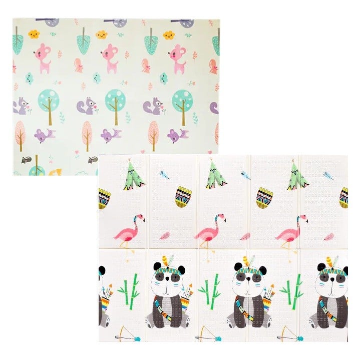 Covoras pentru Copii, Klevo, cu 2 Fete, Model Caprioare/Panda, din XPE+PE, Impermeabil, Antiderapant, Protectie Termica, +3 Luni, Pliabil, 150 x 200 x 1 cm, Multicolor